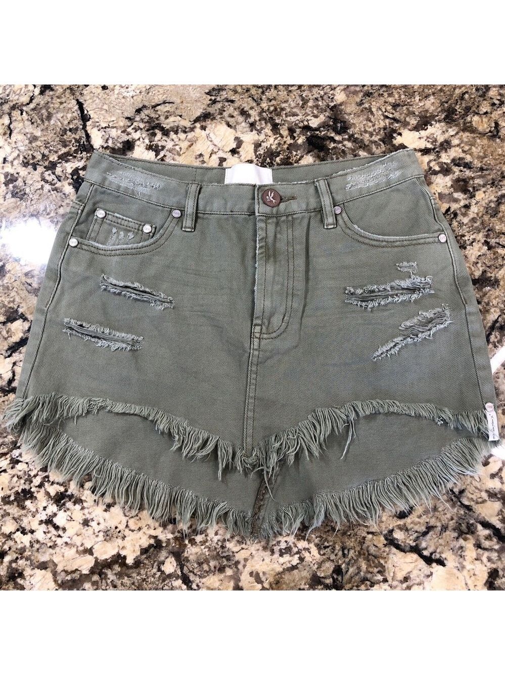 Size 26 One Teaspoon Womens Jean Skirt Olive Green Rips Fringe Grunge CN